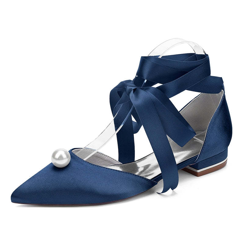 Low-heel pointed toe bridal shoes for women with ankle straps and pearl details
