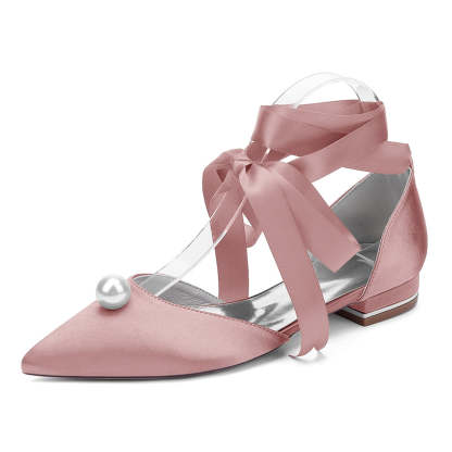 Low-heel pointed toe bridal shoes for women with ankle straps and pearl details