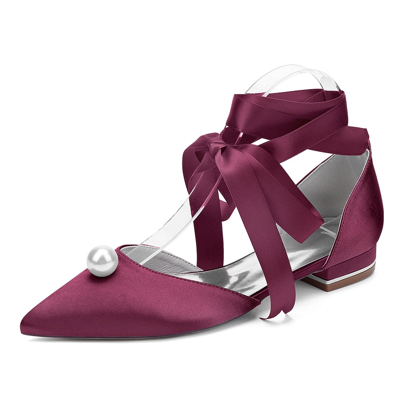 Low-heel pointed toe bridal shoes for women with ankle straps and pearl details