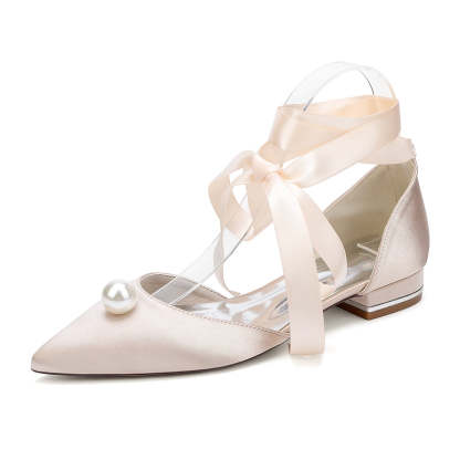 Low-heel pointed toe bridal shoes for women with ankle straps and pearl details