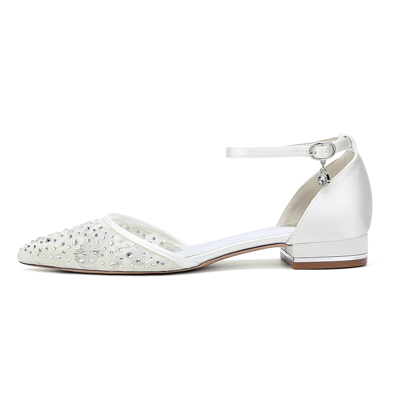 Bridal Shoes for Women with Lace Pointed Toe Low Heel and Crystal Buckle