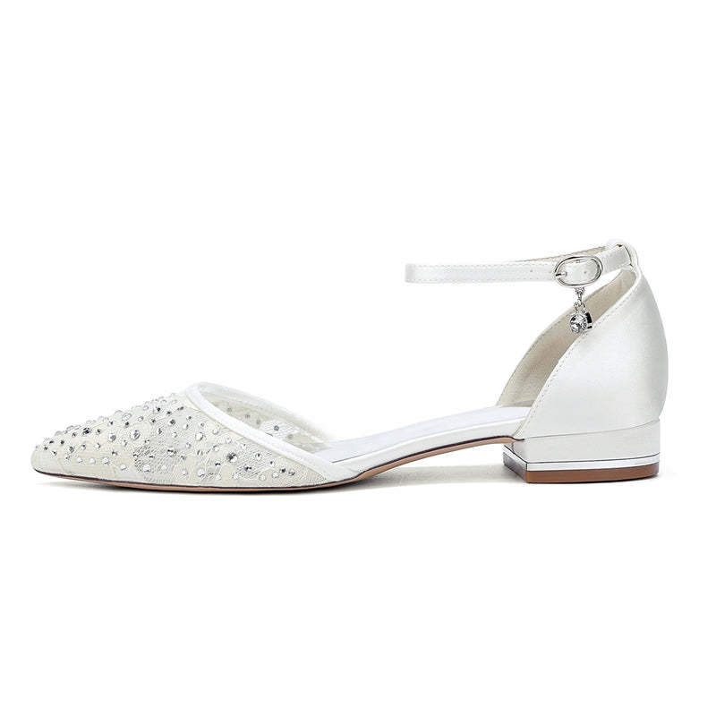Bridal Shoes for Women with Lace Pointed Toe Low Heel and Crystal Buckle