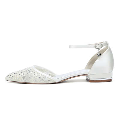 Bridal Shoes for Women with Lace Pointed Toe Low Heel and Crystal Buckle