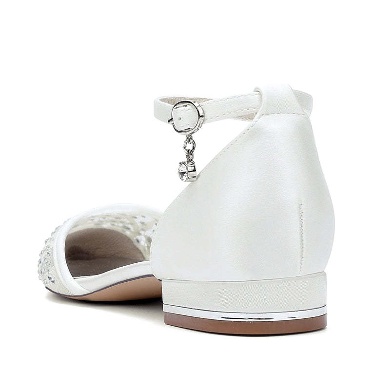 Bridal Shoes for Women with Lace Pointed Toe Low Heel and Crystal Buckle