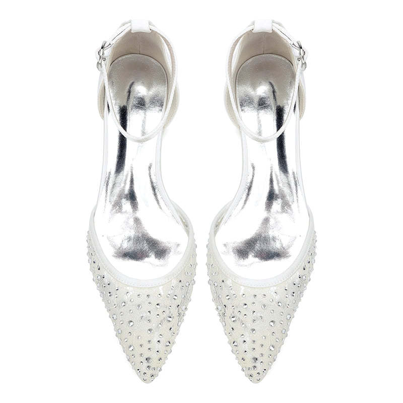 Bridal Shoes for Women with Lace Pointed Toe Low Heel and Crystal Buckle