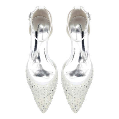Bridal Shoes for Women with Lace Pointed Toe Low Heel and Crystal Buckle