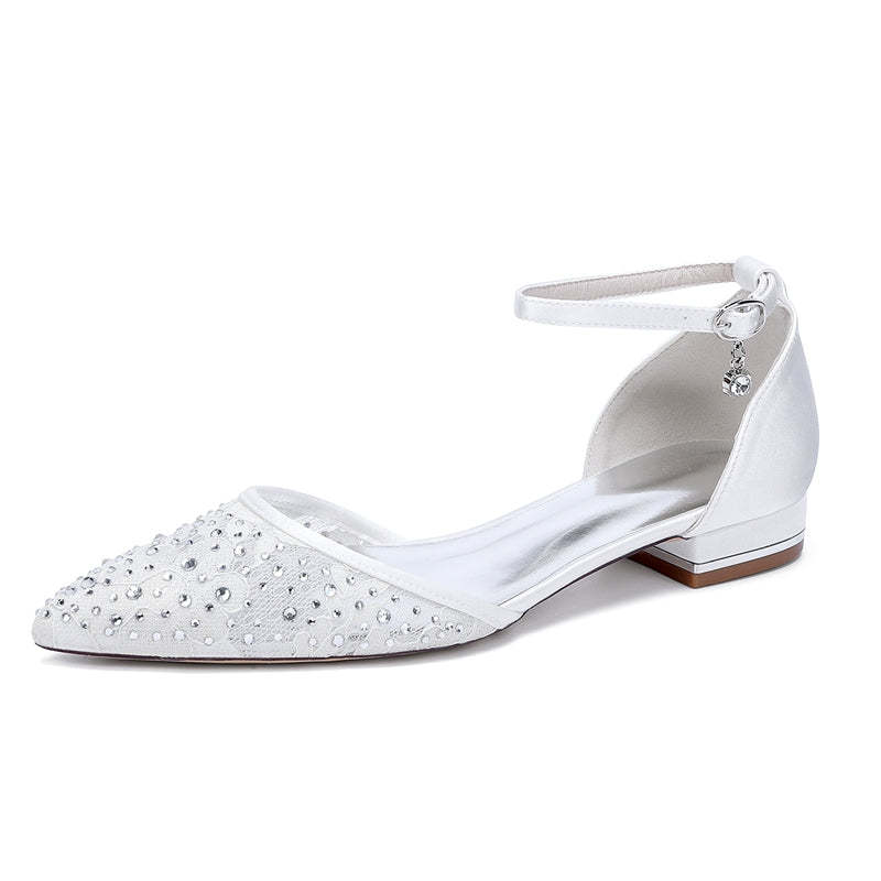 Bridal Shoes for Women with Lace Pointed Toe Low Heel and Crystal Buckle