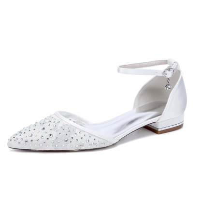 Bridal Shoes for Women with Lace Pointed Toe Low Heel and Crystal Buckle