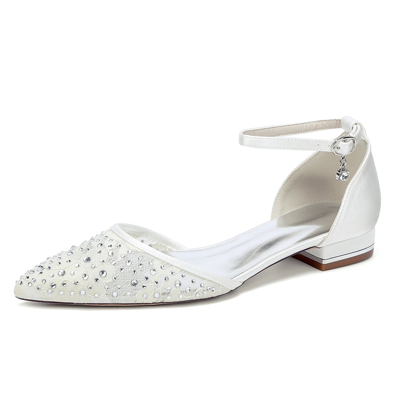Bridal Shoes for Women with Lace Pointed Toe Low Heel and Crystal Buckle