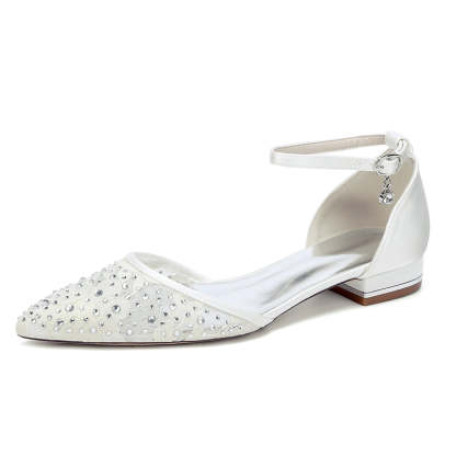 Bridal Shoes for Women with Lace Pointed Toe Low Heel and Crystal Buckle
