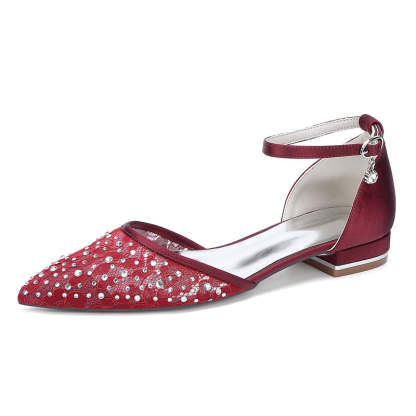 Bridal Shoes for Women with Lace Pointed Toe Low Heel and Crystal Buckle