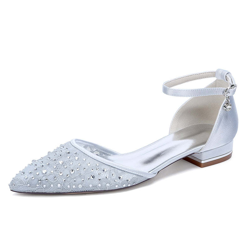 Bridal Shoes for Women with Lace Pointed Toe Low Heel and Crystal Buckle
