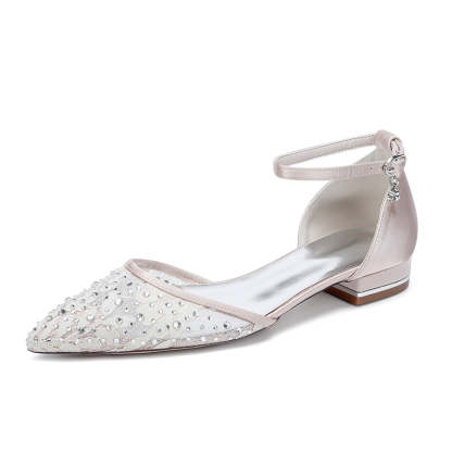 Bridal Shoes for Women with Lace Pointed Toe Low Heel and Crystal Buckle