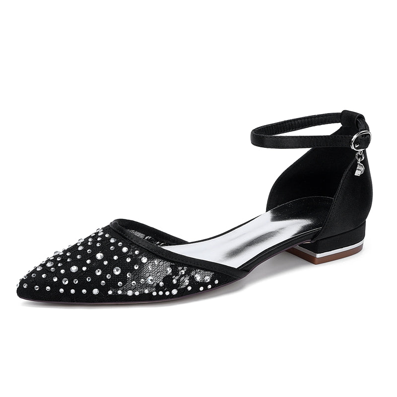 Bridal Shoes for Women with Lace Pointed Toe Low Heel and Crystal Buckle