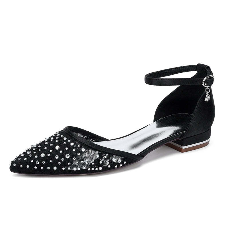 Bridal Shoes for Women with Lace Pointed Toe Low Heel and Crystal Buckle