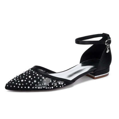 Bridal Shoes for Women with Lace Pointed Toe Low Heel and Crystal Buckle