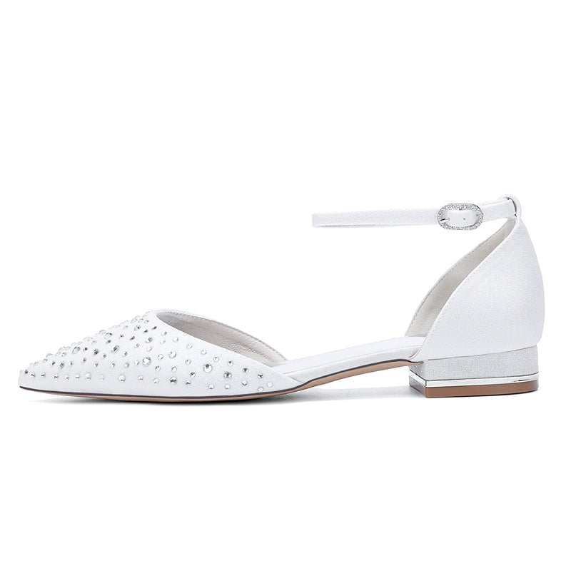 Bridal Shoes for Women with Crystals Pointed Toe and Low Heel Buckle