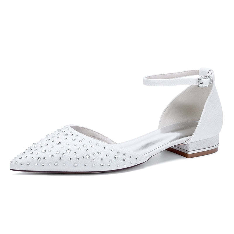 Bridal Shoes for Women with Crystals Pointed Toe and Low Heel Buckle