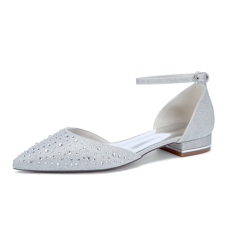 Bridal Shoes for Women with Crystals Pointed Toe and Low Heel Buckle