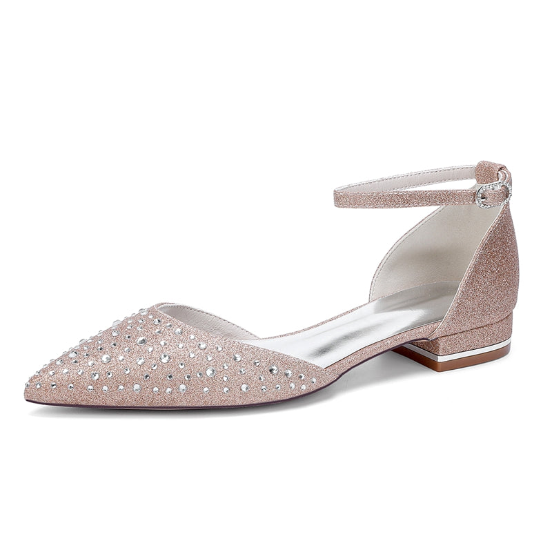 Bridal Shoes for Women with Crystals Pointed Toe and Low Heel Buckle