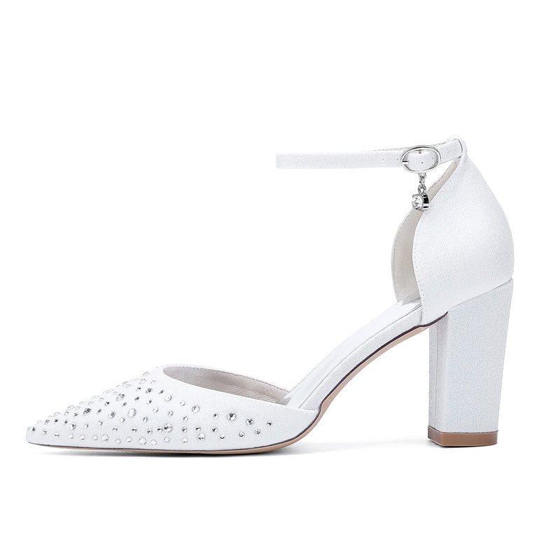 Bridal Shoes for Women with Crystals Pointed Toe and Block Heel Buckle