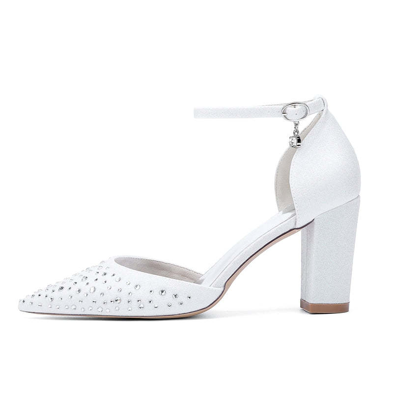 Bridal Shoes for Women with Crystals Pointed Toe and Block Heel Buckle