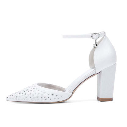 Bridal Shoes for Women with Crystals Pointed Toe and Block Heel Buckle