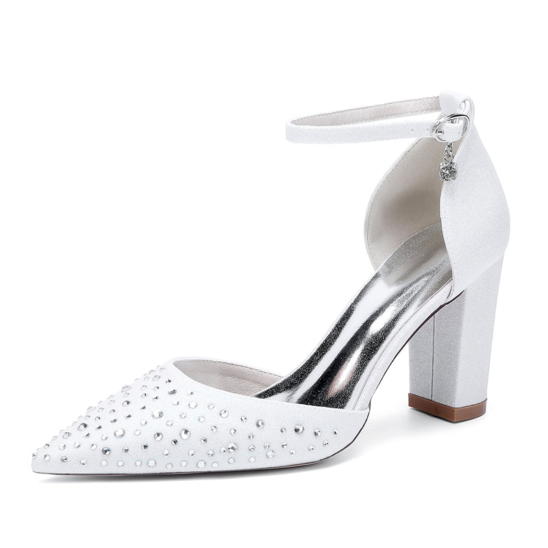 Bridal Shoes for Women with Crystals Pointed Toe and Block Heel Buckle