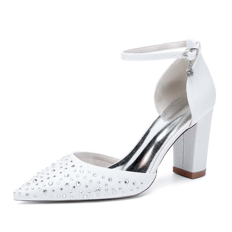 Bridal Shoes for Women with Crystals Pointed Toe and Block Heel Buckle
