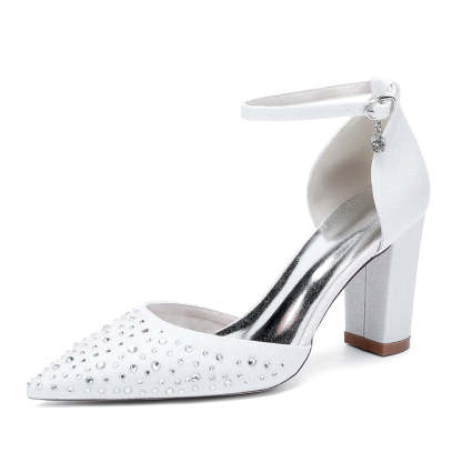 Bridal Shoes for Women with Crystals Pointed Toe and Block Heel Buckle