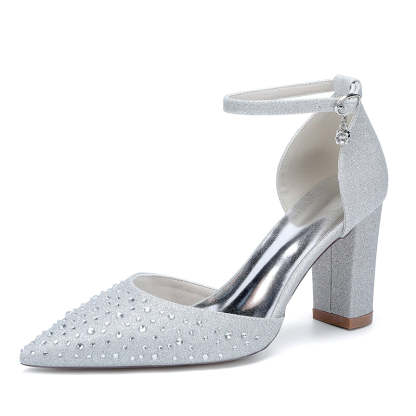 Bridal Shoes for Women with Crystals Pointed Toe and Block Heel Buckle