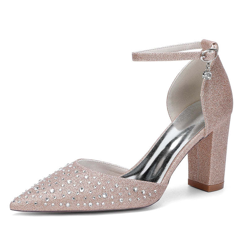 Bridal Shoes for Women with Crystals Pointed Toe and Block Heel Buckle