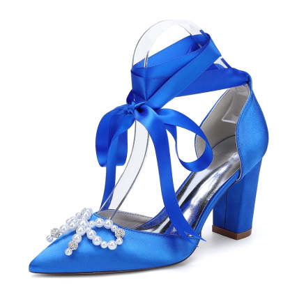 Bridal Shoes for Women with Block Heel Pointed Toe Ankle Straps Pearls & Rhinestones Bowknot