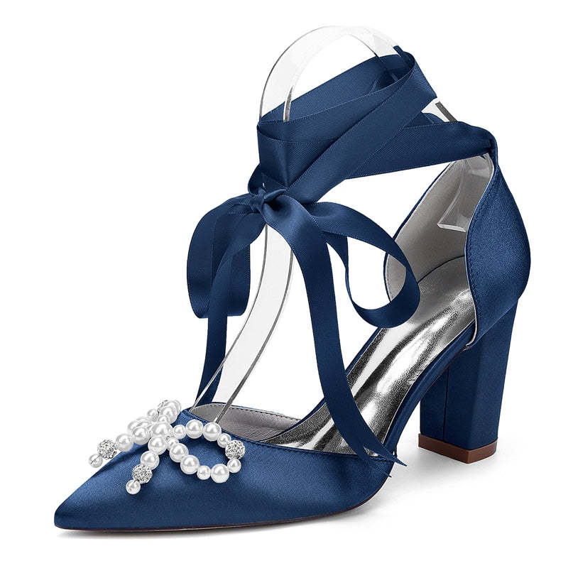 Bridal Shoes for Women with Block Heel Pointed Toe Ankle Straps Pearls & Rhinestones Bowknot
