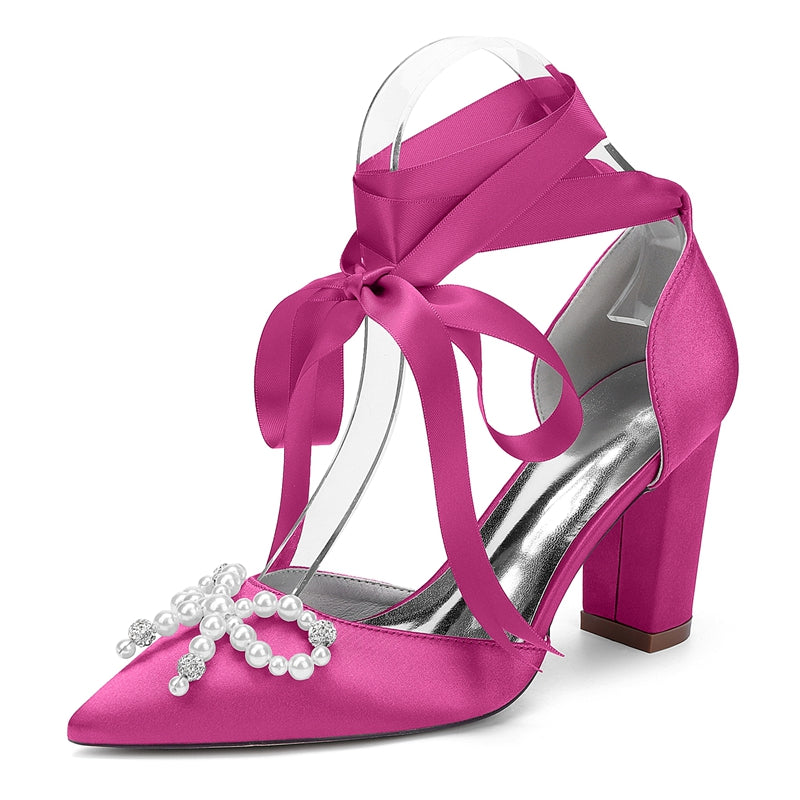 Bridal Shoes for Women with Block Heel Pointed Toe Ankle Straps Pearls & Rhinestones Bowknot