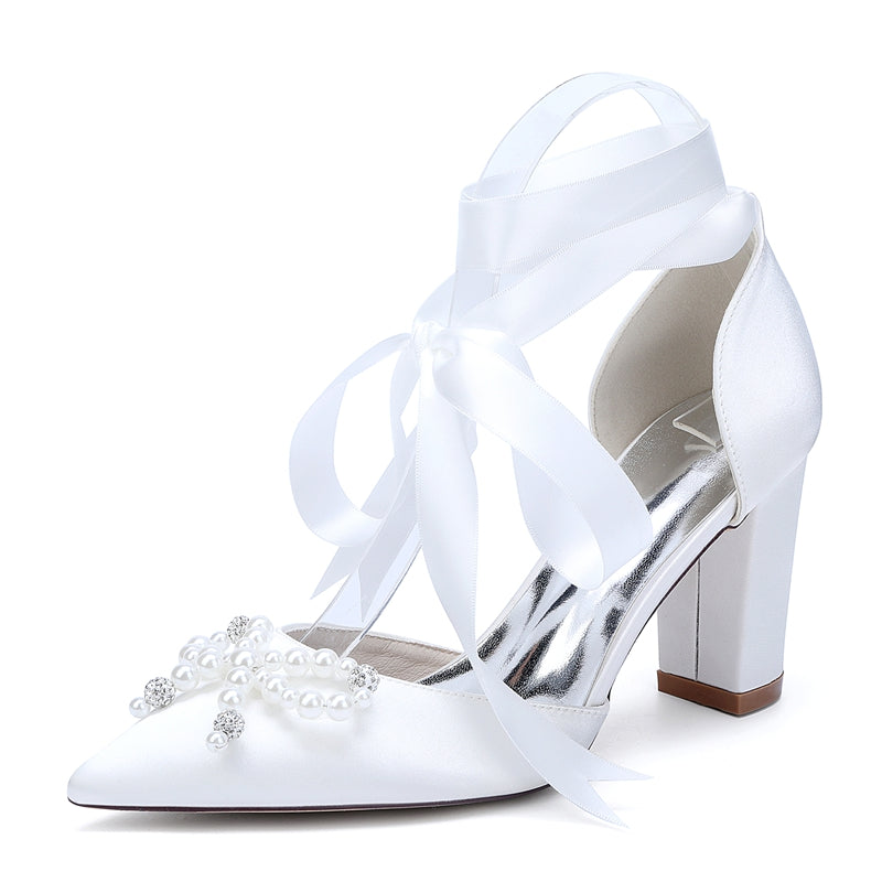Bridal Shoes for Women with Block Heel Pointed Toe Ankle Straps Pearls & Rhinestones Bowknot
