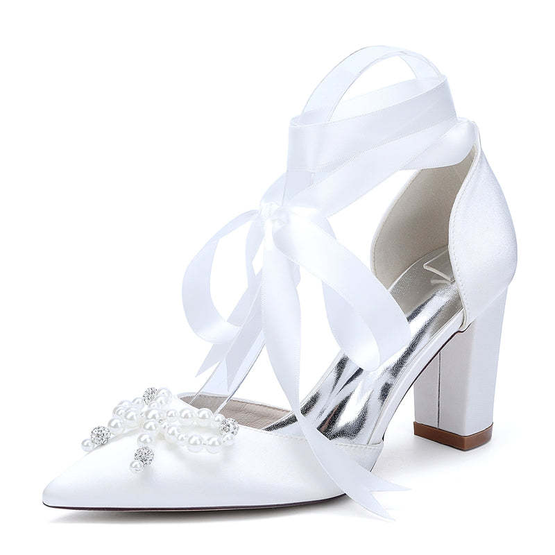 Bridal Shoes for Women with Block Heel Pointed Toe Ankle Straps Pearls & Rhinestones Bowknot