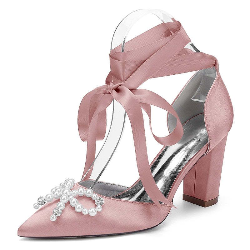 Bridal Shoes for Women with Block Heel Pointed Toe Ankle Straps Pearls & Rhinestones Bowknot