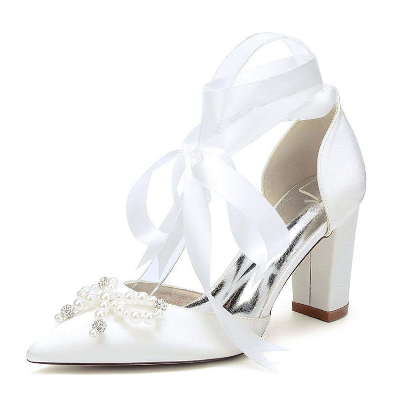 Bridal Shoes for Women with Block Heel Pointed Toe Ankle Straps Pearls & Rhinestones Bowknot