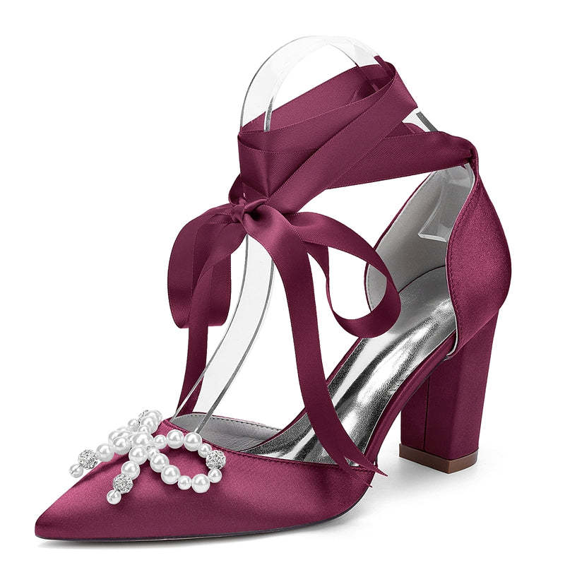 Bridal Shoes for Women with Block Heel Pointed Toe Ankle Straps Pearls & Rhinestones Bowknot