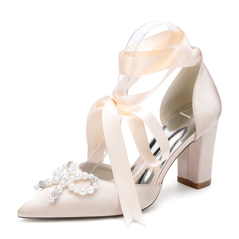 Bridal Shoes for Women with Block Heel Pointed Toe Ankle Straps Pearls & Rhinestones Bowknot