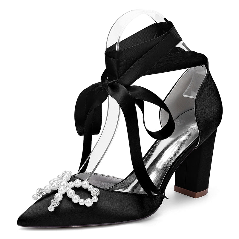Bridal Shoes for Women with Block Heel Pointed Toe Ankle Straps Pearls & Rhinestones Bowknot