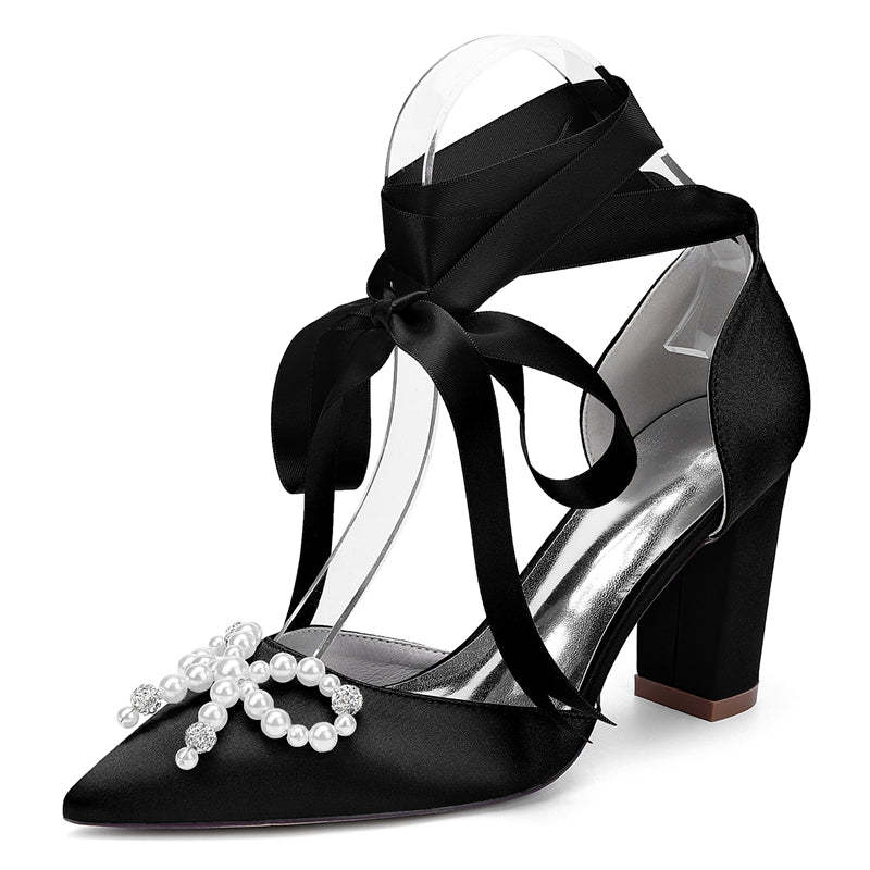 Bridal Shoes for Women with Block Heel Pointed Toe Ankle Straps Pearls & Rhinestones Bowknot