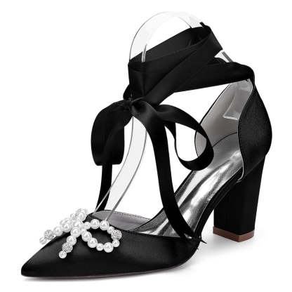Bridal Shoes for Women with Block Heel Pointed Toe Ankle Straps Pearls & Rhinestones Bowknot