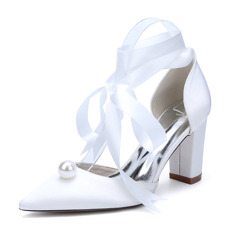 Bridal Shoes for Women with Ankle Straps and Pearl Pointed Toe Block Heel