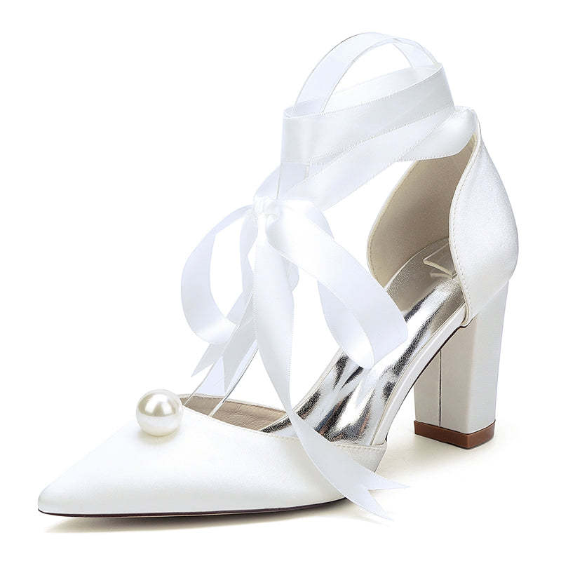 Bridal Shoes for Women with Ankle Straps and Pearl Pointed Toe Block Heel