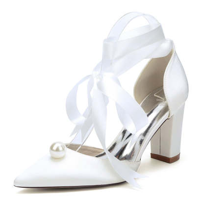 Bridal Shoes for Women with Ankle Straps and Pearl Pointed Toe Block Heel