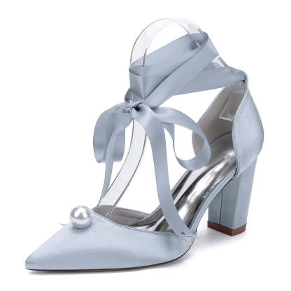 Bridal Shoes for Women with Ankle Straps and Pearl Pointed Toe Block Heel