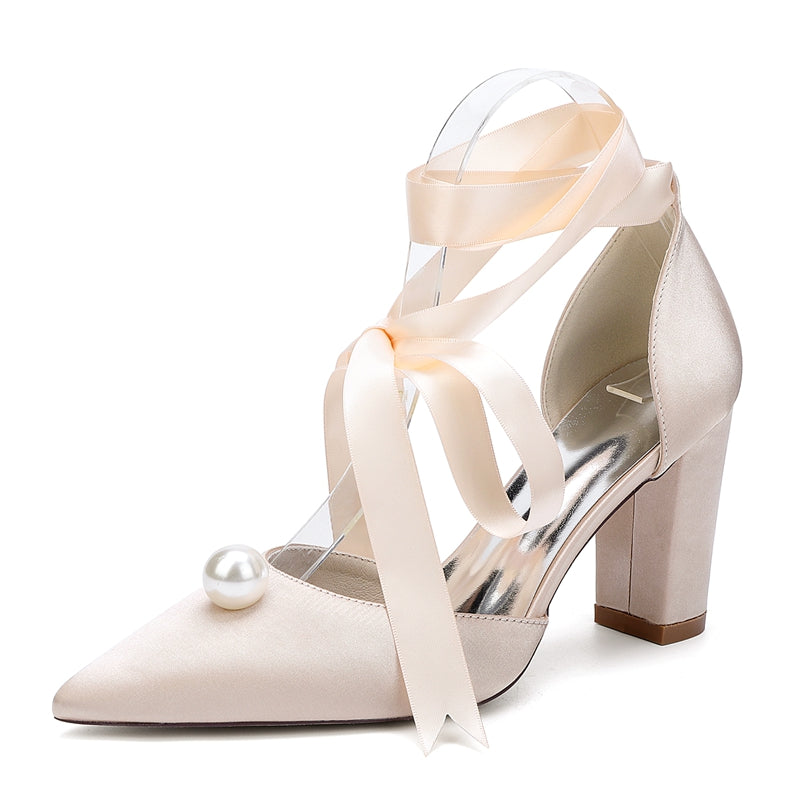 Bridal Shoes for Women with Ankle Straps and Pearl Pointed Toe Block Heel