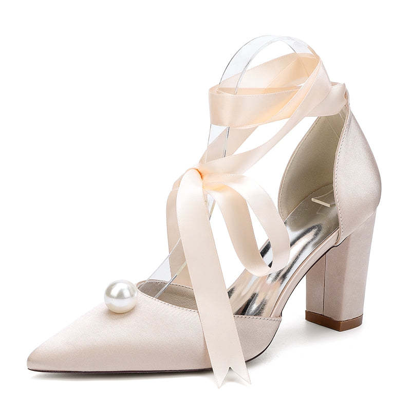 Bridal Shoes for Women with Ankle Straps and Pearl Pointed Toe Block Heel